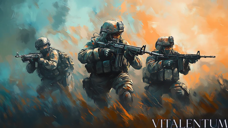 Storm-lit soldiers carve forward through swirling painted fire
