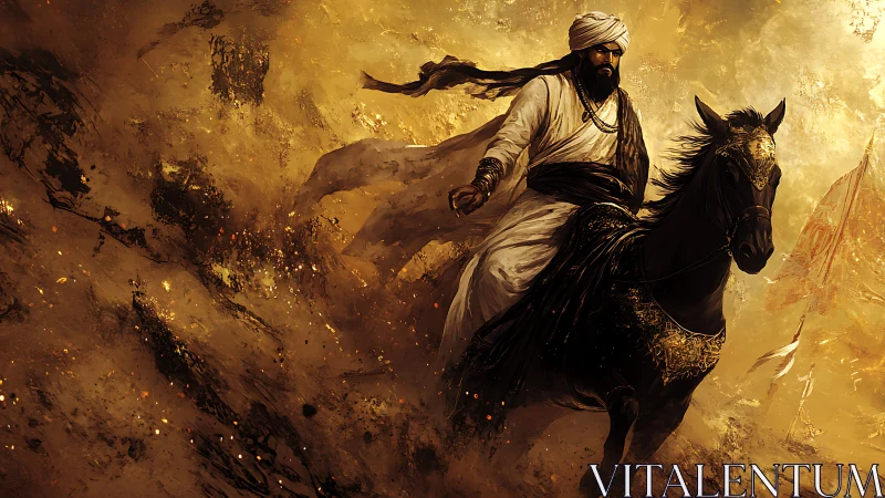 Turbaned cavalry commander charging through turbulent golden dust.