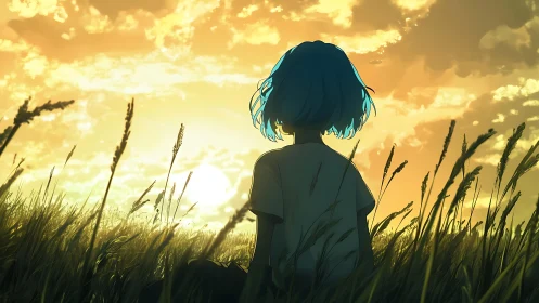 Solitary figure with blue hair watches sunset over wheat field