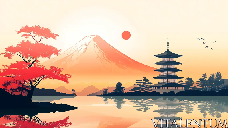 Gentle sunrise embraces Mount Fuji, lake reflections, and pagoda