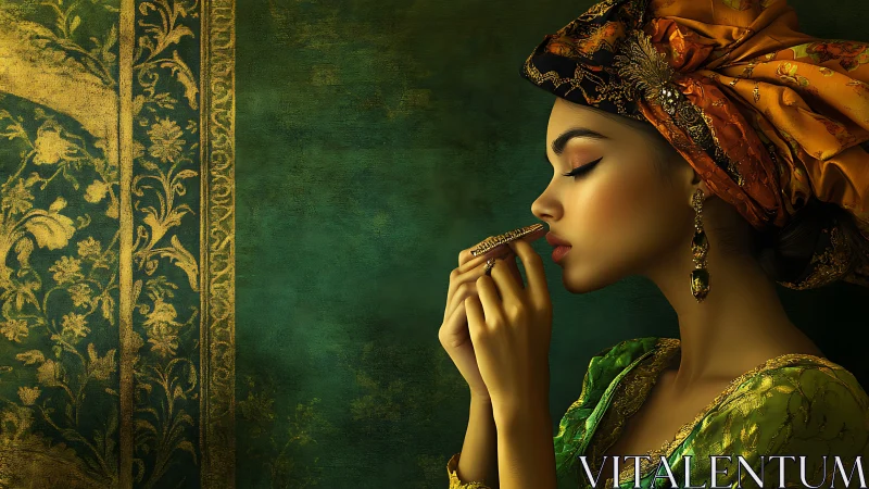 Woman in ornate headscarf holds jewelry against green backdrop