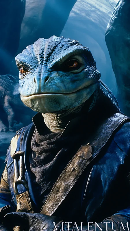 Stoic blue lizard adventurer in a glowing cavern world.
