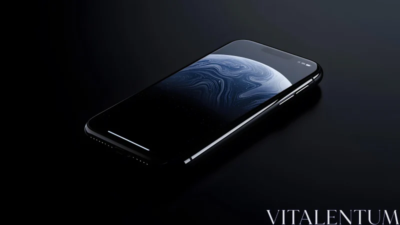 Sleek modern smartphone with dark minimalist design on black background.