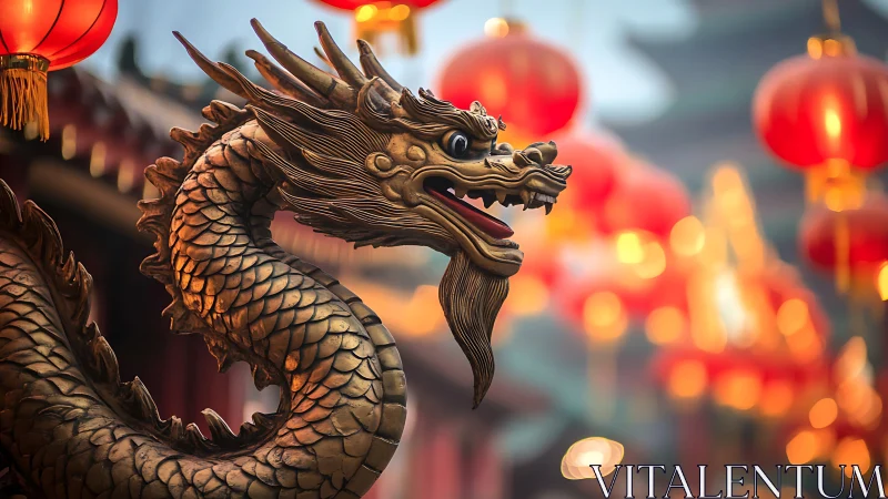 Bronze Chinese dragon sculpture isolated against lantern bokeh field