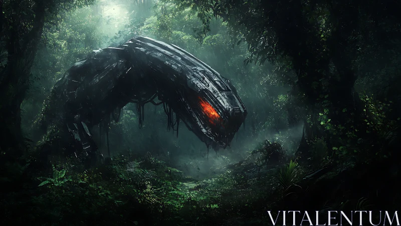 Cybernetic serpent stalks misty jungle with burning core.