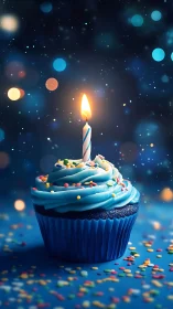 Birthday Cupcake with Lit Candle Against Magical Starry Background