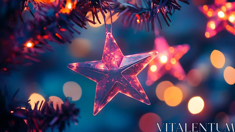 Transparent star ornament is suspended among defocused lights