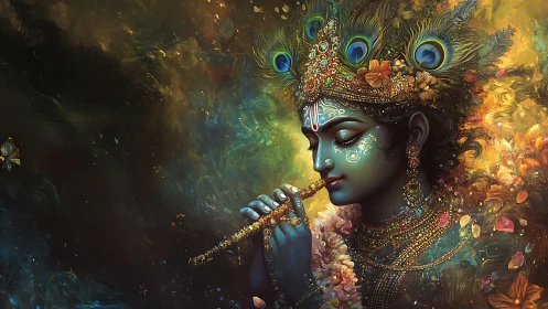 Celestial flutist draped in peacock fire and jeweled dusk.