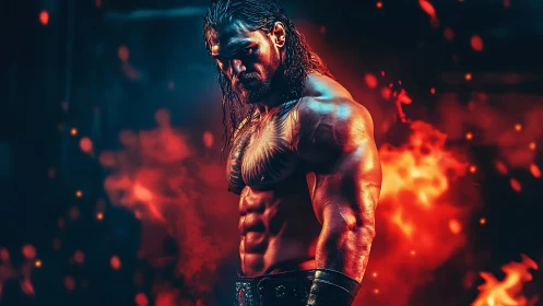 Digital painting of a fiery warrior posed in dramatic chiaroscuro.