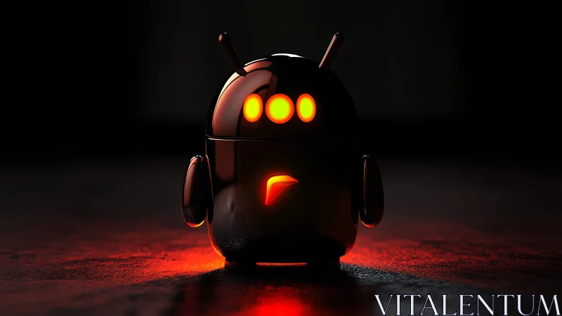 Glossy black robot toy with glowing red face lights.
