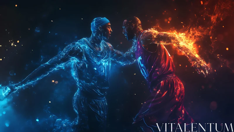 Opposed fire and ice basketball players confront mid drive