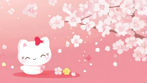 Smiling white kitten enjoys gentle blossoms in soft pink light