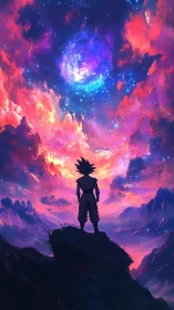 Silhouetted warrior watches cosmic energy over mountains.