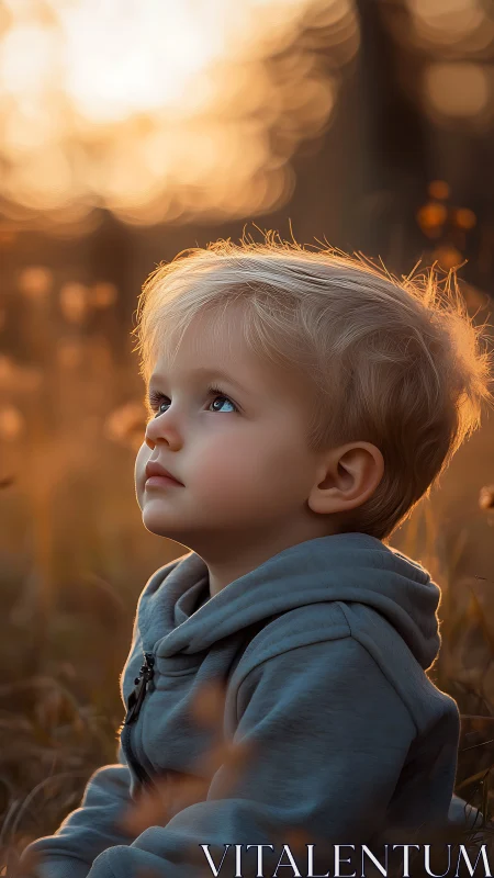 Child gazes upward bathed in warm golden sunlight