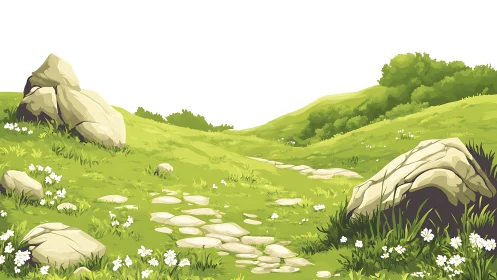 Sunny meadow path winding through gentle green hills.