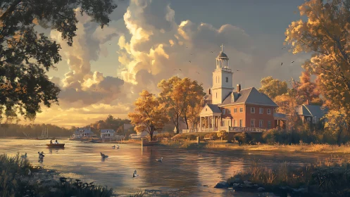 Autumn riverside chapel under golden sunset sky panorama.