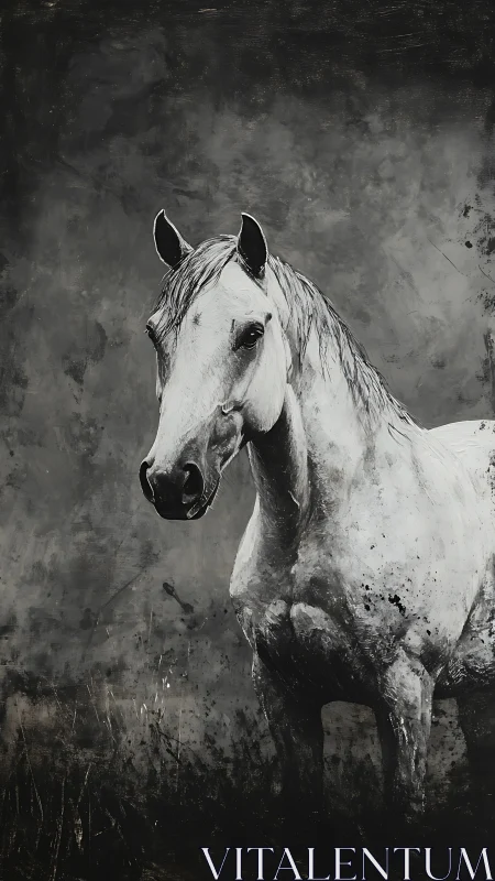 Gentle gray horse standing quietly in a moody painted field.