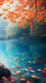 Autumn maple branches frame tranquil turquoise lake surface