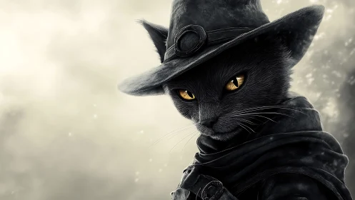 Black cat ranger in wide-brim hat with golden eyes.
