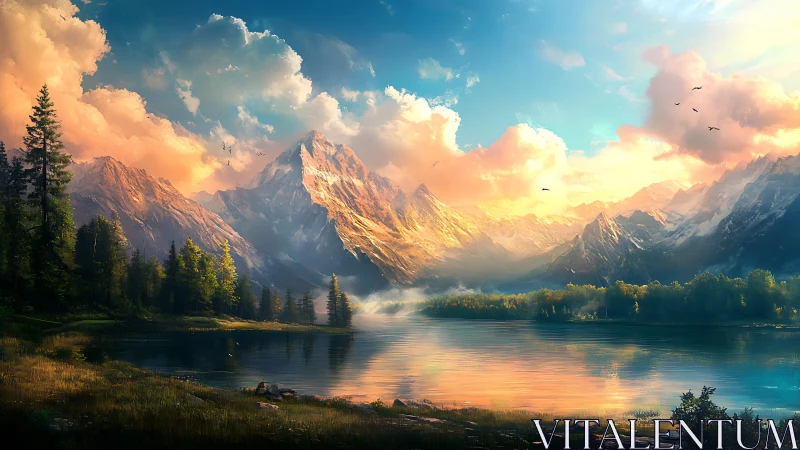 Sunlit alpine lake reflects dramatic snowcapped mountain range