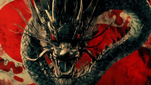 Ferocious dragon head over blood red abstract field.