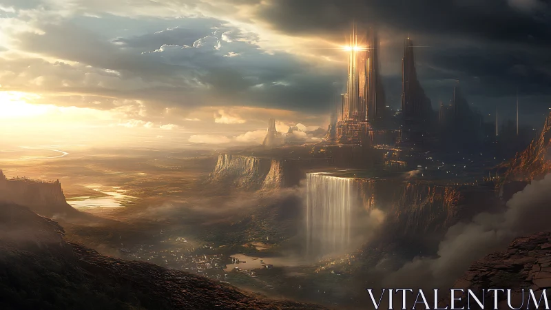 Futuristic cliffside megacity with radiant waterfalls panorama.