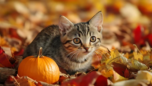 Tabby Kitten Among Autumn Leaves with Decorative Pumpkin