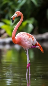 Flamingo daydreams in coral plumage above glassy water