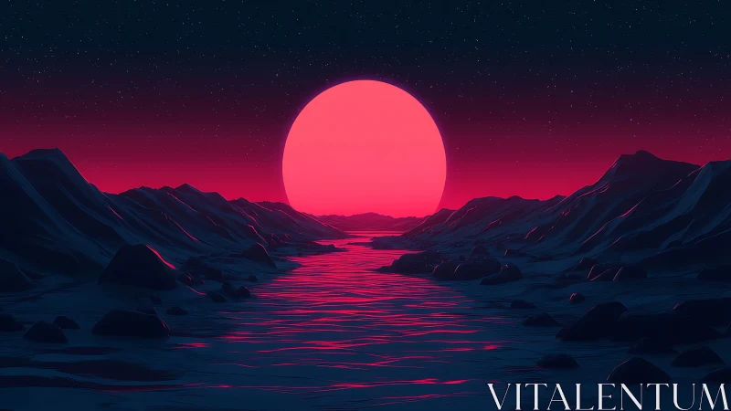 Synthetic landscape shows luminous sun over polygonal valley