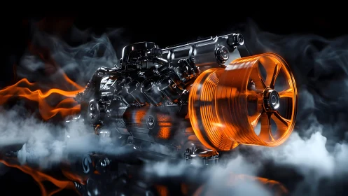 Futuristic Car Engine with Glowing Parts in Dramatic Smoke Effect.