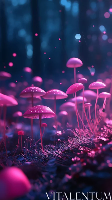 Neon pink mushrooms stand in a dim, out-of-focus forest