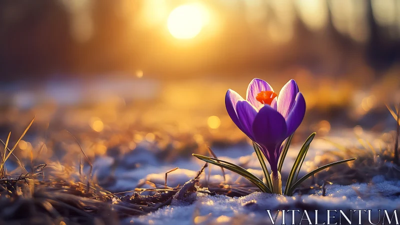 Purple crocus emerges through melting snow at sunrise.