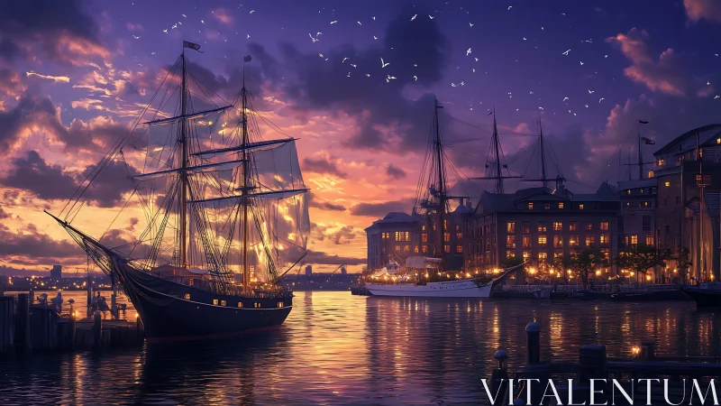 Harbor twilight tall ships aglow in lanternlit seaside hush.