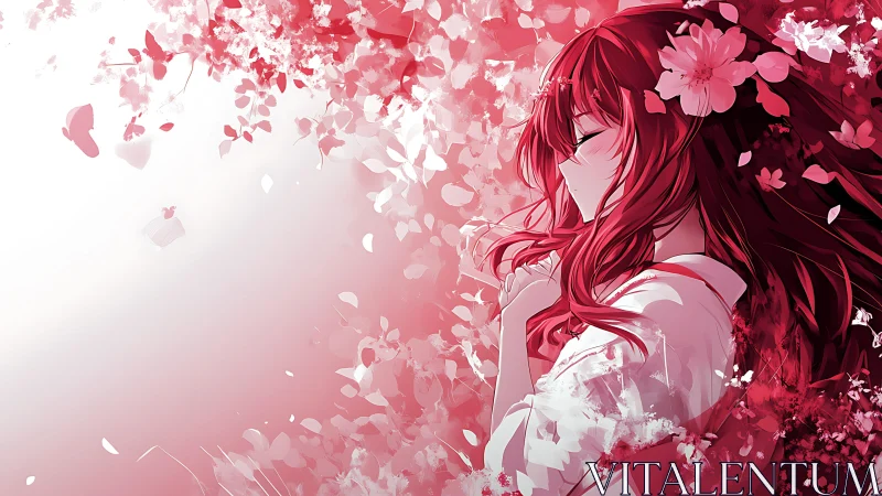 Crimson daydream girl in a storm of petals and silence.