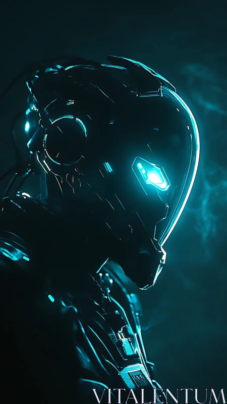 Cyberpunk exosuit portrait in teal rim lighting profile study.