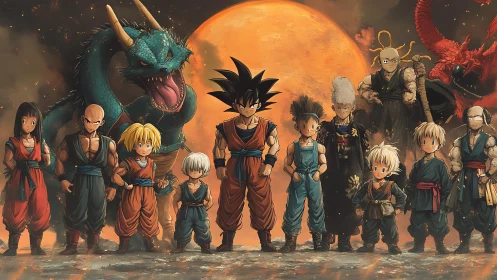 Moonlit warriors gather while dragons coil behind destiny