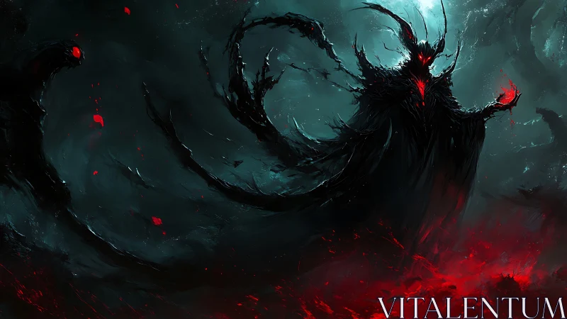 Nightmarish shadow lord rising amid bloodlit storm.