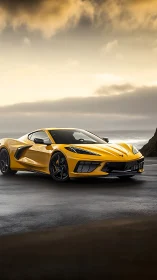 Yellow mid‑engine sports coupe on wet coastal highway at dusk