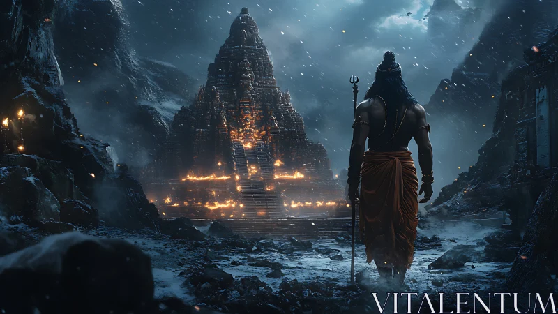 Temple structure amid mountains with lone robed figure.