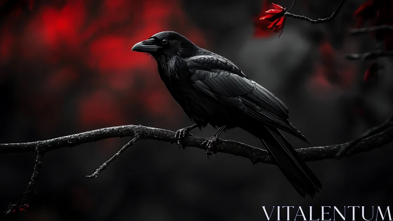 High-contrast raven study on branch with crimson bokeh background