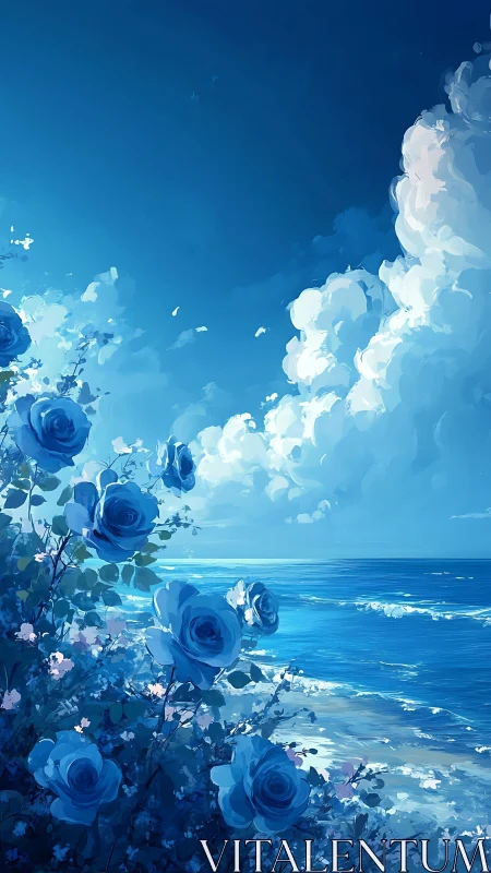 Coastal horizon with luminous blue roses and cumulus clouds