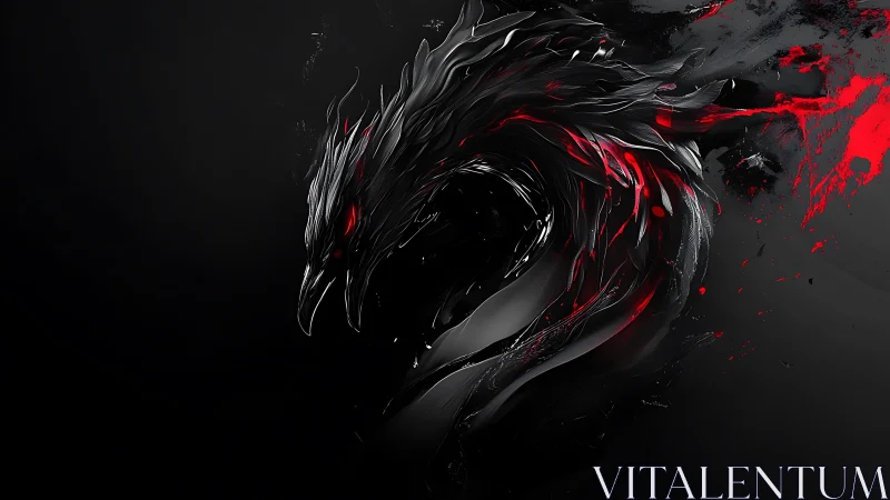 Obsidian phoenix curls through bloodred splashes of void.