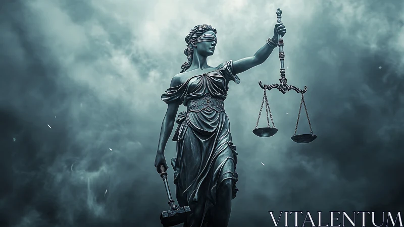 Blindfolded justice statue holding scales in stormy sky.