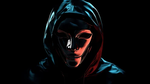 Hooded chrome mask glows in red and teal cyber darkness.