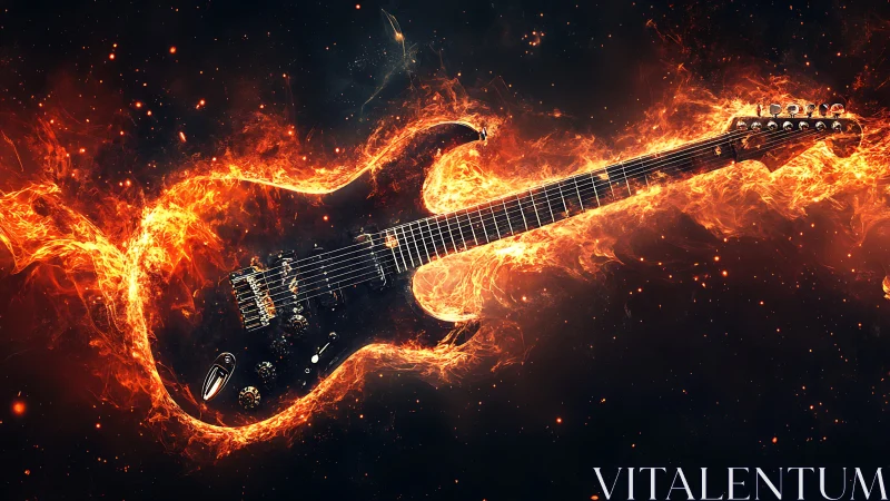 Electric guitar suspended in dynamic flame energy field