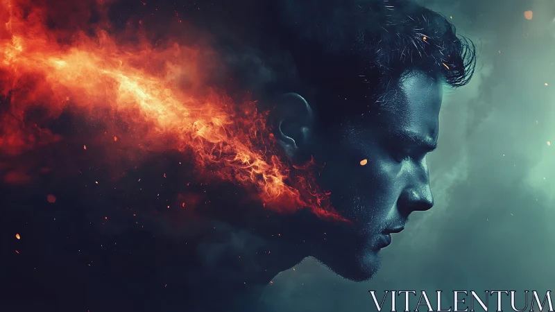 Profile portrait merges fire stream with brooding figure.