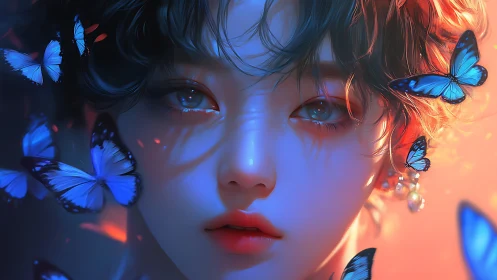 Digital portrait shows face with blue butterflies in motion