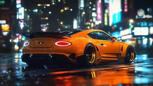 Orange widebody supercar dominates neon rain city street.
