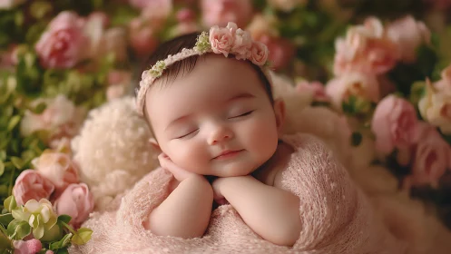 Peaceful newborn dreaming among soft garden roses