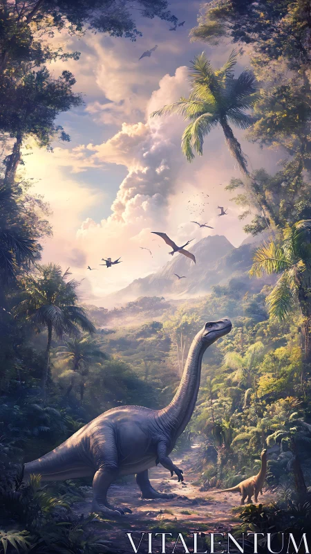 Gentle dinosaurs wandering through a sunlit jungle valley.
